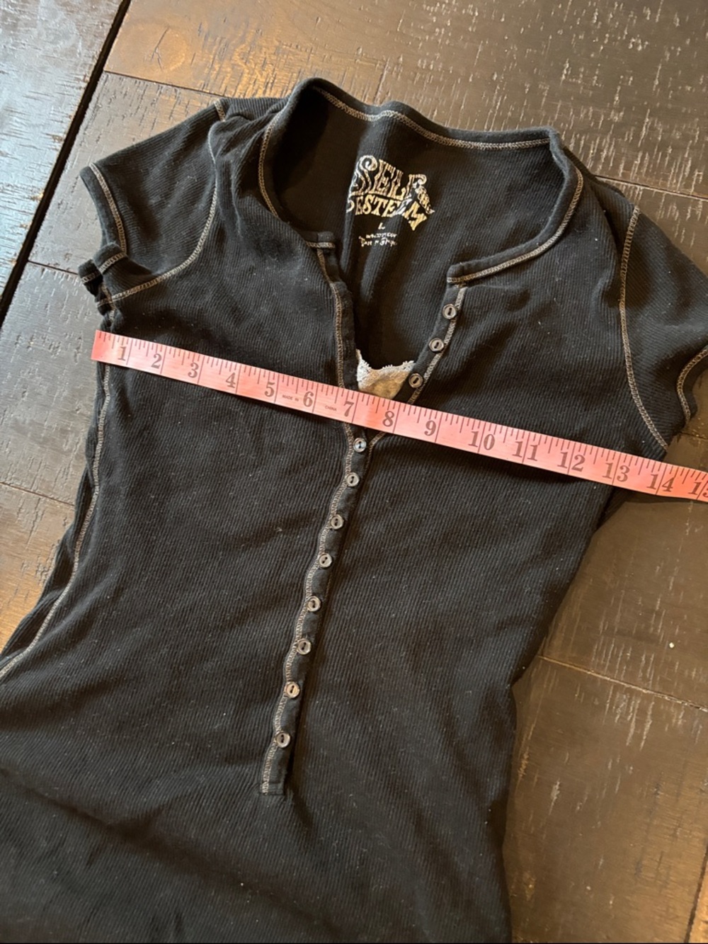 Y2K Retro Self Esteem Black Ribbed Short-Sleeve Button-Front Lace Tee Large - Picture 8 of 9